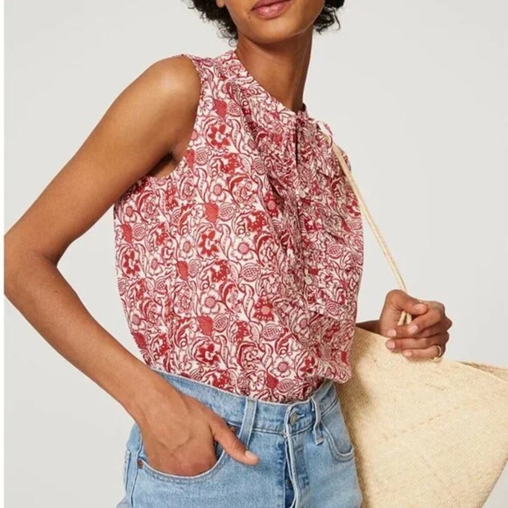 Derek Lam IT 42 Red & Pink Bold Print Ruffle Tie Neck 100% Cotton Sleeveless Top